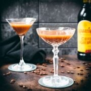 Delicious iced chocolate almondmilk shaken espresso with a twist, served in gorgeous cocktail glasses.