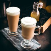Healthy and delicious! Ginger coffee made with homemade ginger lemon syrup, served in beautiful glasses.