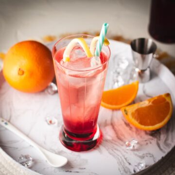 Divine Campari Soda, placed on marbled serving plate. Garnished with a lemon twist and served with a drinking straw.