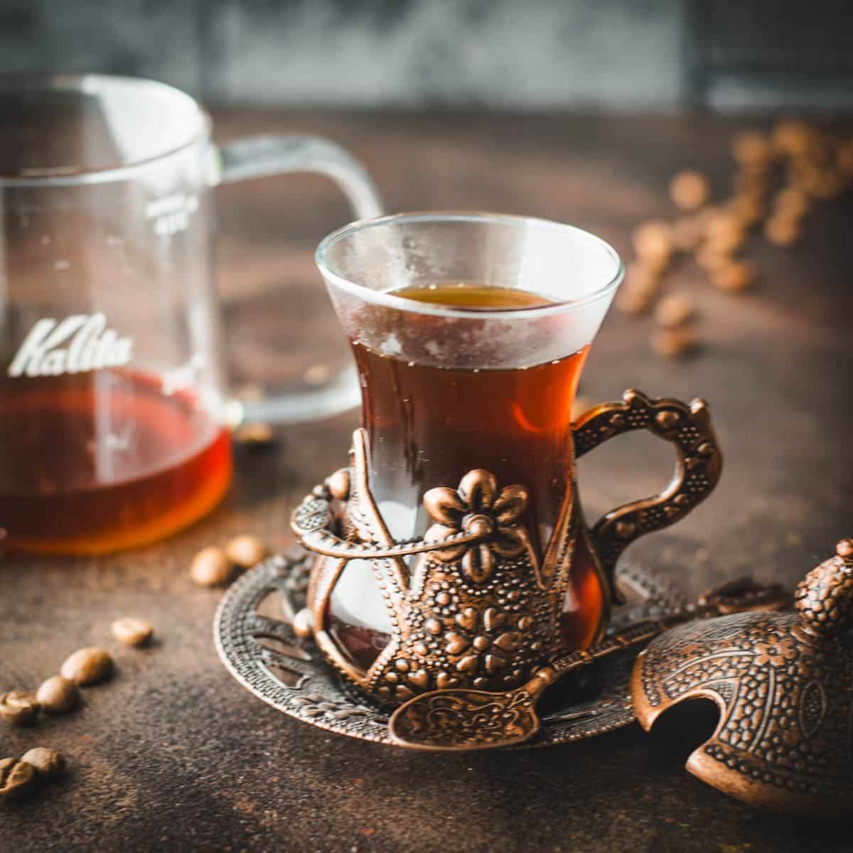 Gorgeous medieval glass filled with delicious pour over coffee, made with a Kalita wave.