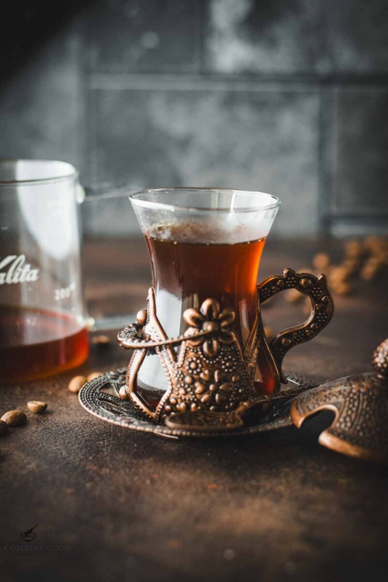 Gorgeous medieval glass filled with delicious pour over coffee, made with a Kalita wave.