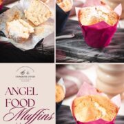 Cute angel food muffins, dusted with powdered sugar, placed on marbled plate and served with a delicious cafe latte.