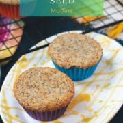 Two lemon poppy seed muffins placed on gorgeous white and yellow colored plate.