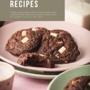 Divine white chocolate chip cookies with an incredible dark chocolate dough. Placed on pink-green plates.