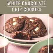 Divine white chocolate chip cookies with an incredible dark chocolate dough. Placed on pink-green plates.