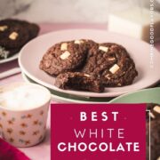Divine white chocolate chip cookies with an incredible dark chocolate dough. Placed on pink-green plates.