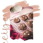 Divine white chocolate chip cookies with an incredible dark chocolate dough. Placed on pink-green plates.