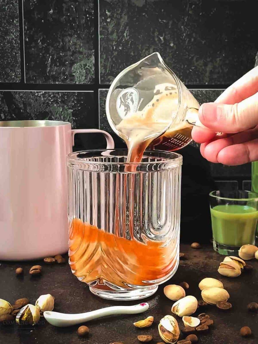Add a double espresso to the serving glass.