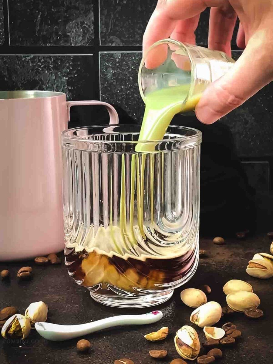 Add pistachio liqueur to the double espresso.