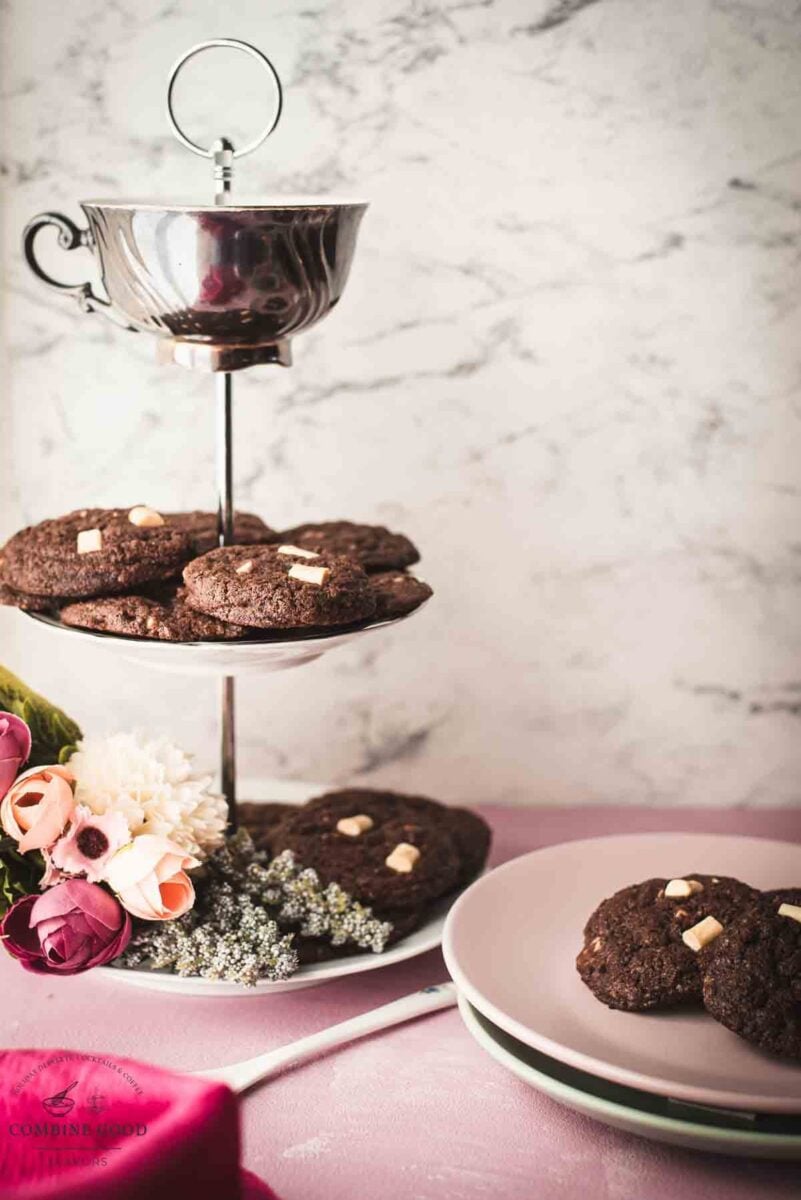 Divine white chocolate chip cookies with an incredible dark chocolate dough. Placed on an beautiful etagere.