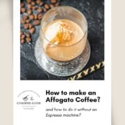 This photo shows a glass with an affogato, featuring a scoop of vanilla ice cream floating in espresso.
