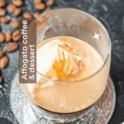 This photo shows a glass with an affogato, featuring a scoop of vanilla ice cream floating in espresso.