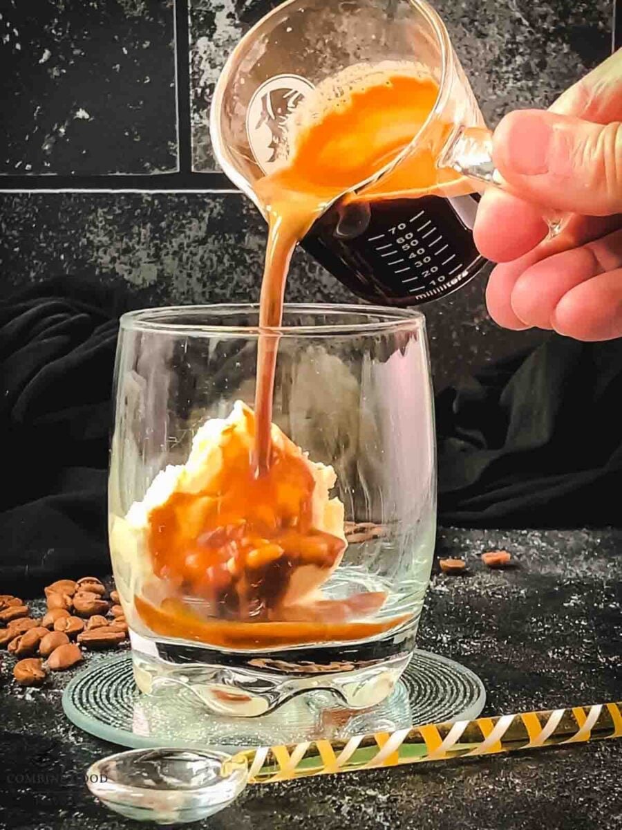 Pour freshly brewed espresso on top of the vanilla ice cream scoop.