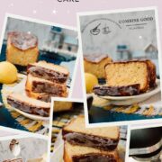 Sliced and stacked lemon loaf cake slices, placed on white and yellow plate, next to a lemon.