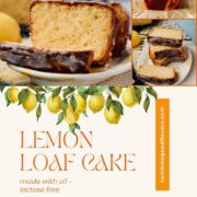Sliced lemon loaf cake, placed on white and yellow plate, next a lemon.