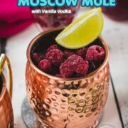 close-up of a delicious raspberry mule served in hammered copper mugs on mirrored coasters.