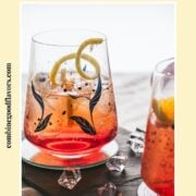 Gorgeous Americano cocktails. One garnished with a lemon twist the other with an orange wedge. Both glasses placed together on a black slate plate.