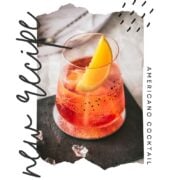 Gorgeous Americano cocktail garnished with an orange wedge and placed on a black slate plate.