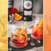 Gorgeous Americano cocktails. One garnished with a lemon twist the other with an orange wedge. Both glasses placed together on a black slate plate.