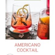 Gorgeous Americano cocktails. One garnished with a lemon twist the other with an orange wedge. Both glasses placed together on a black slate plate.