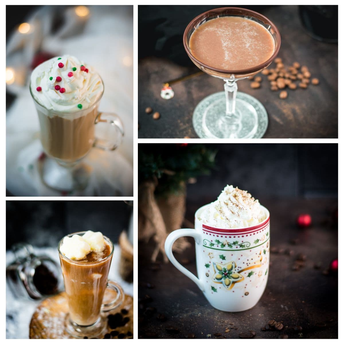 Christmas coffee drinks including eggnog coffee, boozy coffee, mocha martini, and festive iced coffee