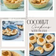 Delicious fig jam cookies, placed in a yellow bowl, on cookie is already missing a bite.