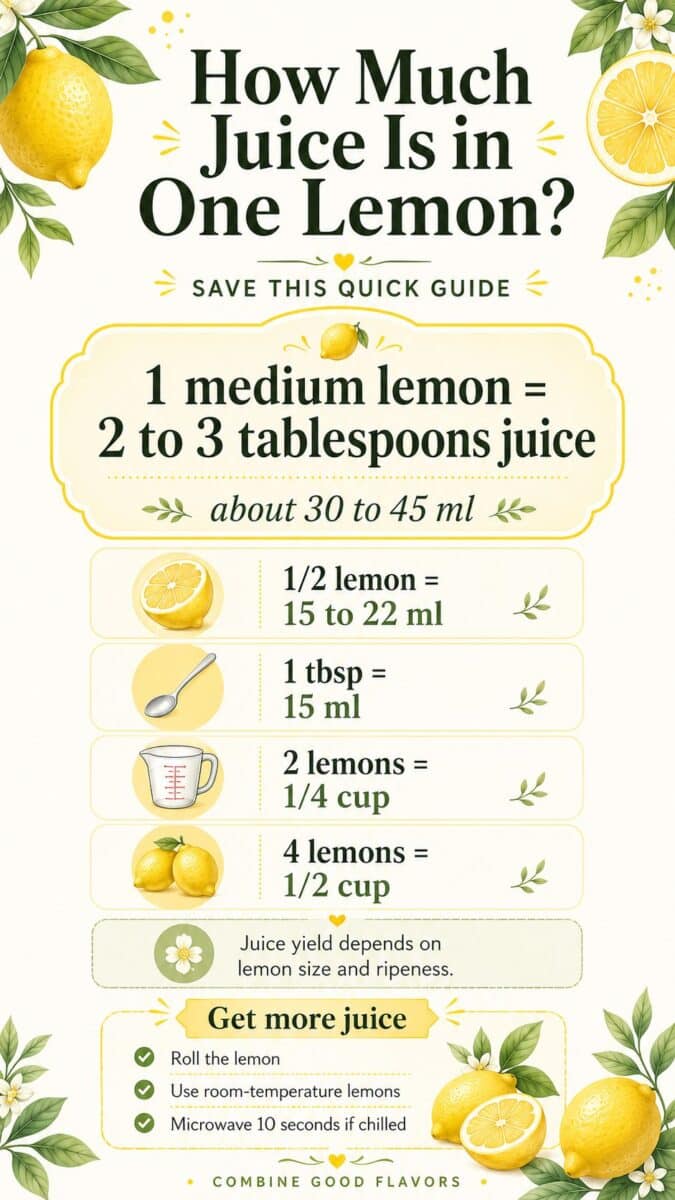 Lemon juice conversion chart showing how much juice one medium lemon yields in tablespoons, milliliters, cups, and helpful juicing tips.