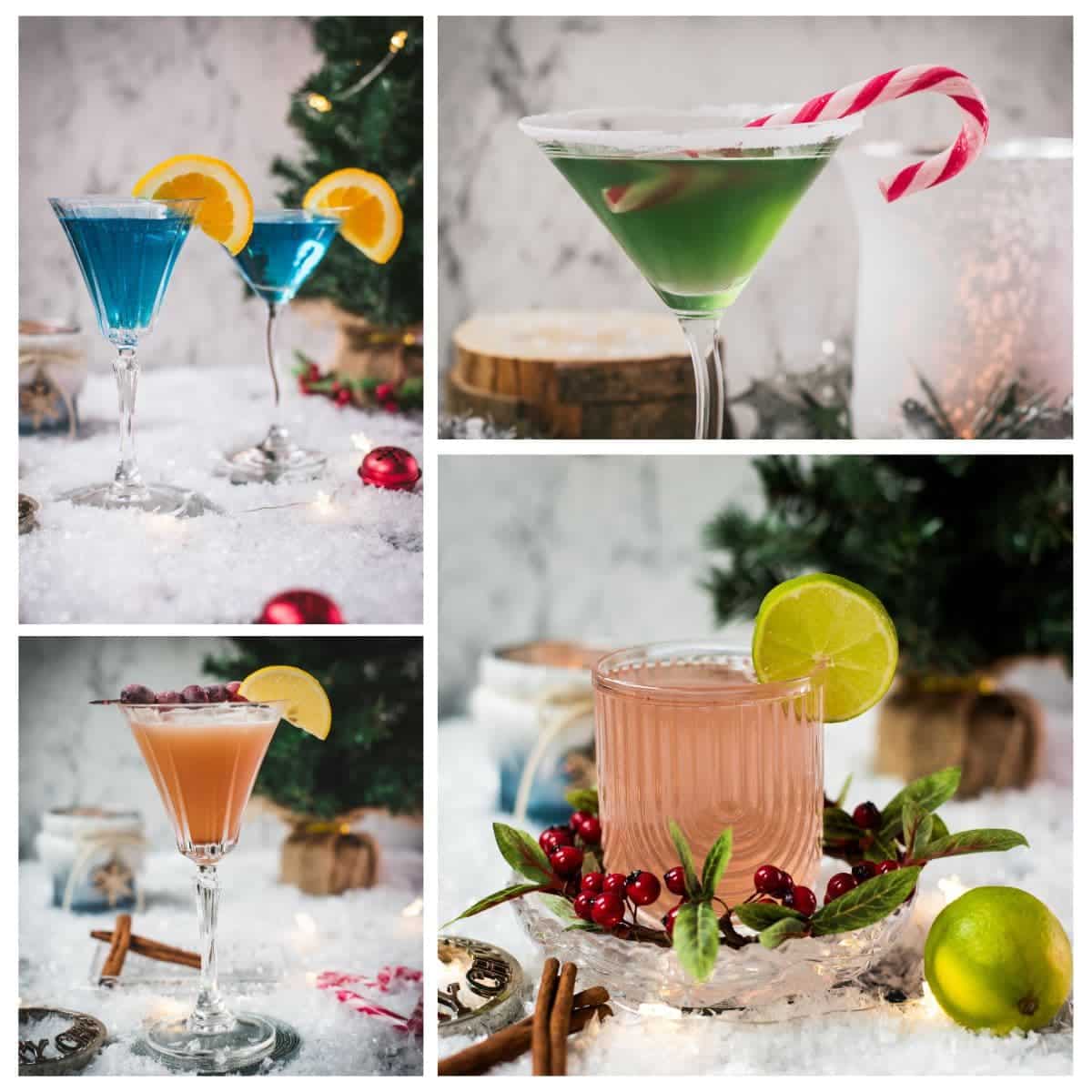 Collage of four Christmas cranberry cocktails in pink, red, blue, and green, styled with festive holiday garnishes.
