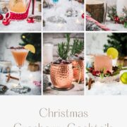 Collage of festive Christmas cranberry cocktails in red and pink shades, including sparkling drinks, cranberry mules, martinis, and whiskey cocktails with holiday garnishes.