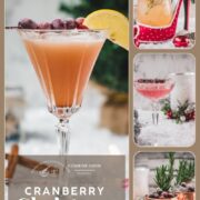 Collage of festive Christmas cranberry cocktails in red and pink shades, including sparkling drinks, cranberry mules, martinis, and whiskey cocktails with holiday garnishes.