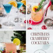 Collage of festive Christmas cranberry cocktails in red and pink shades, including sparkling drinks, cranberry mules, martinis, and whiskey cocktails with holiday garnishes.