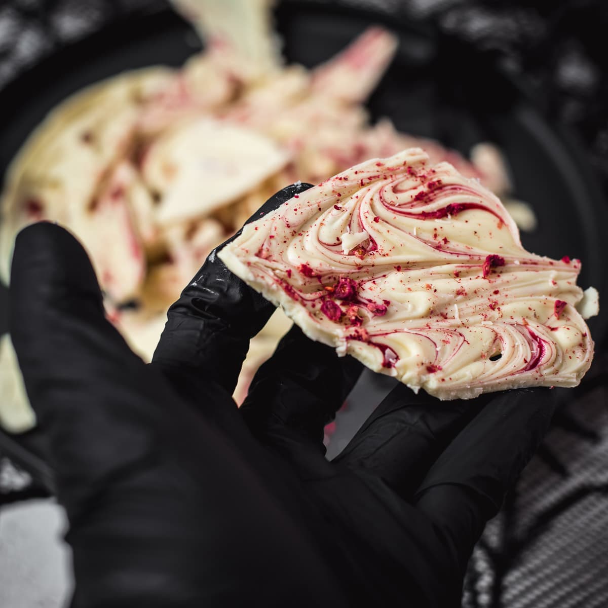 Stunning Halloween bark, held in black gloved hand.