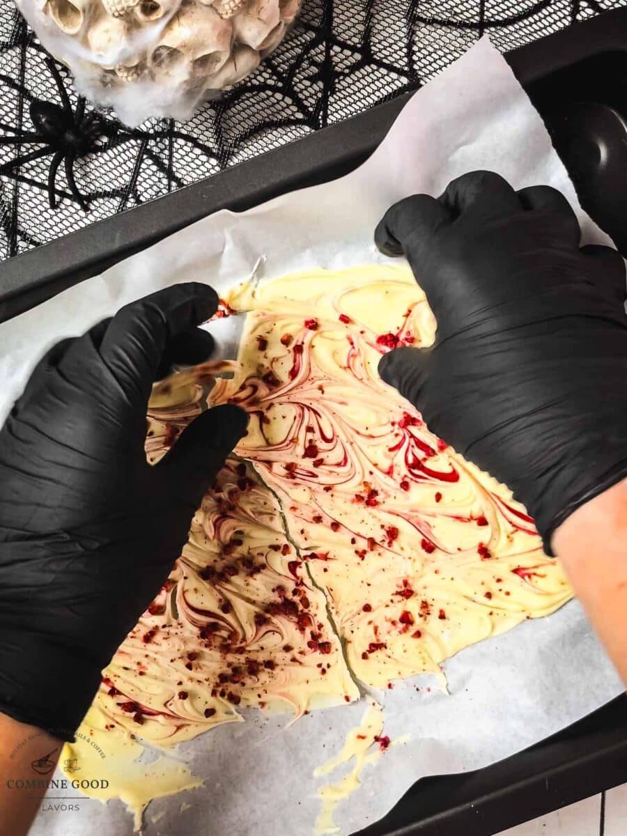 Crush the homemade Halloween bark ind jagged pieces.