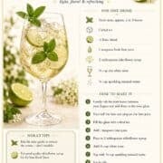 Hugo Spritz recipe infographic with dry white wine, elderflower syrup, lime, mint, sparkling mineral water, and instructions for one drink.
