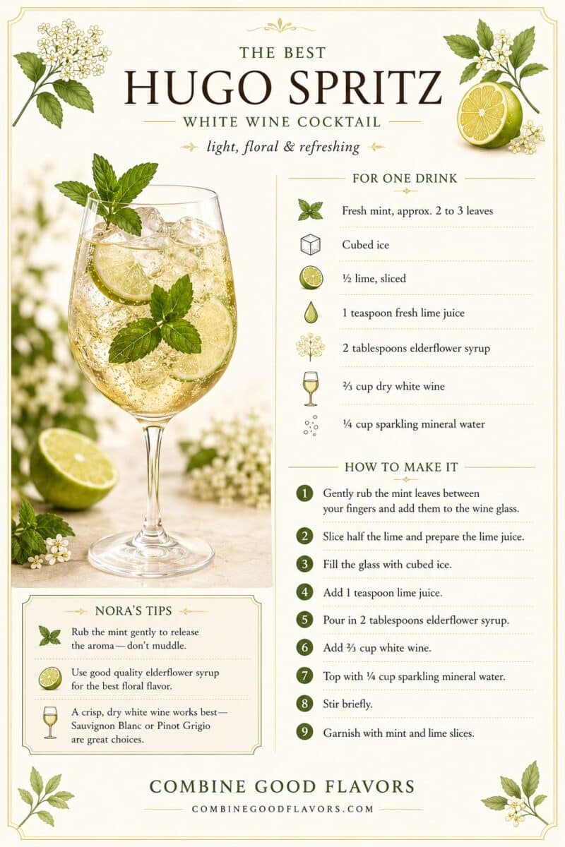 Hugo Spritz recipe infographic with dry white wine, elderflower syrup, lime, mint, sparkling mineral water, and instructions for one drink.