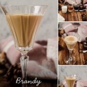 Dark chocolate Brandy Alexander beside a bottle of Mozart Dark Chocolate Liqueur