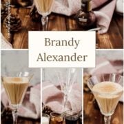 Dark chocolate Brandy Alexander beside a bottle of Mozart Dark Chocolate Liqueur