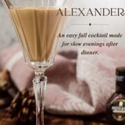 Dark chocolate Brandy Alexander beside a bottle of Mozart Dark Chocolate Liqueur