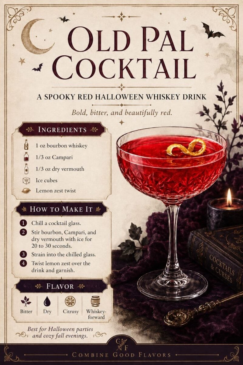 Old Pal cocktail infographic with bourbon, Campari, dry vermouth, lemon zest, and simple mixing instructions in an elegant Halloween design.
