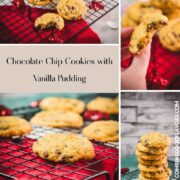 Vanilla pudding chocolate chip cookie collage with overhead and side-angle Christmas cookie photos.
