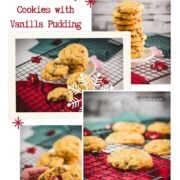 Christmas collage with chocolate chip cookies with vanilla pudding, including stacked cookies, cooling rack shots, and a soft broken cookie center.