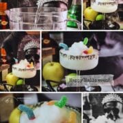Multiple images of frozen green apple margarita in a clear glass with black sugar rim
