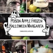 Multiple images of frozen green apple margarita in a clear glass with black sugar rim