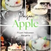 Multiple images of frozen green apple margarita in a clear glass with black sugar rim