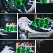 Collage of toxic green Halloween Jello shot syringes and skull-shaped shot glasses