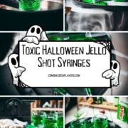 Halloween Jello shot syringe recipe collage with green party shots