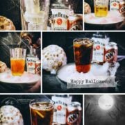 Halloween root beer cocktail collage showing ingredients, pouring steps, and the finished bourbon drink over ice.