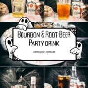 Bourbon and root beer cocktail collage with process shots, dragon eyes, skulls, and dry ice smoke.