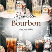 Collage showing a Halloween bourbon and root beer cocktail with bourbon pouring, root beer pouring, and finished drink shots.