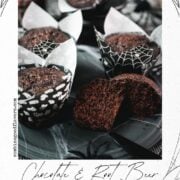 Chocolate Halloween muffins in black and white spiderweb tulip liners